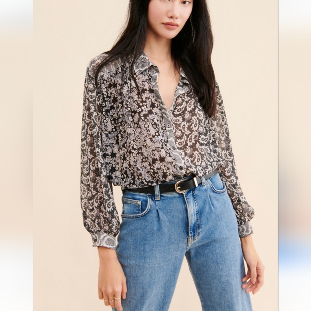 Free People Danni Button‎ down blouse snake print floral top